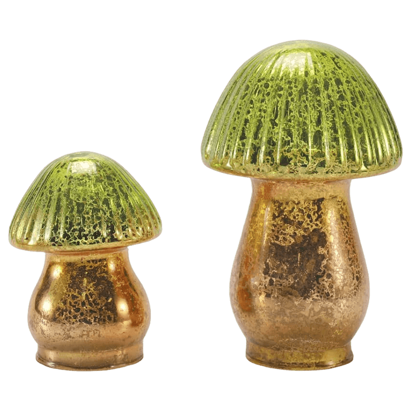 Håndlaget grønn-gull Gradient Ribbet Mercury Glass Mushroom Ornament med LED-dekor