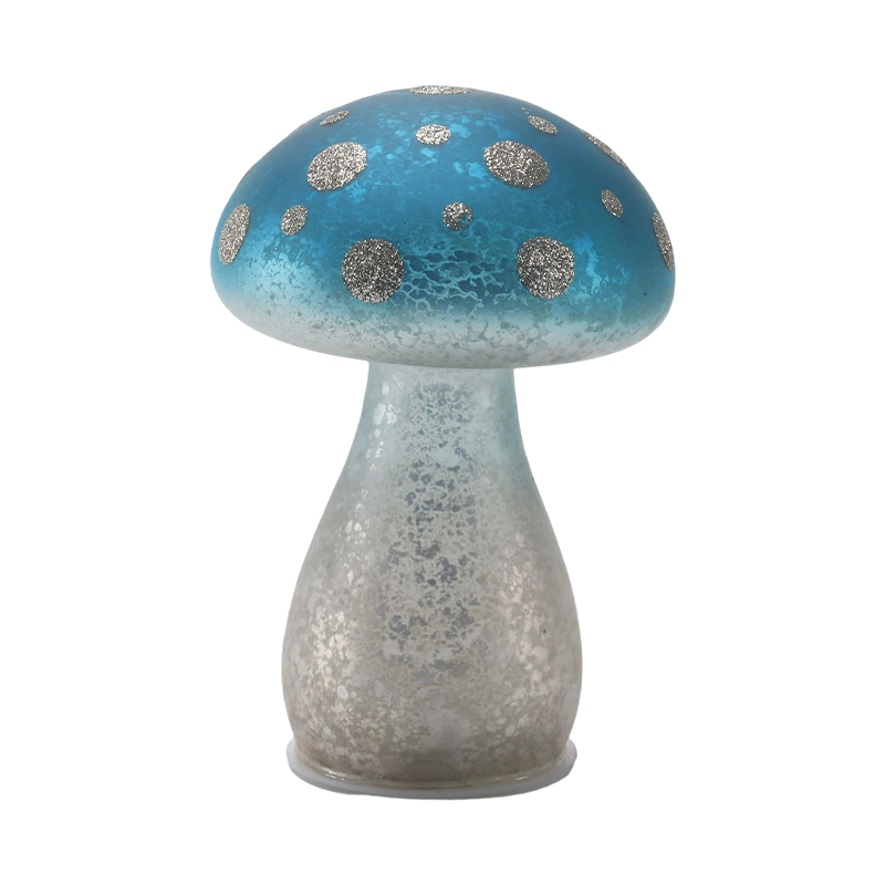 Håndlaget Gradient Blue Frosted Glass Mushroom Ornament med sølvglitterflekker med LED-dekor