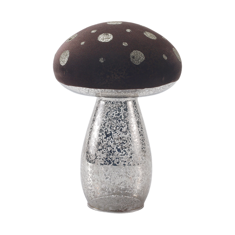 Håndlaget brunt frostet glass/fløyelstopp sopppynt med sølvglitterflekker med LED-dekor