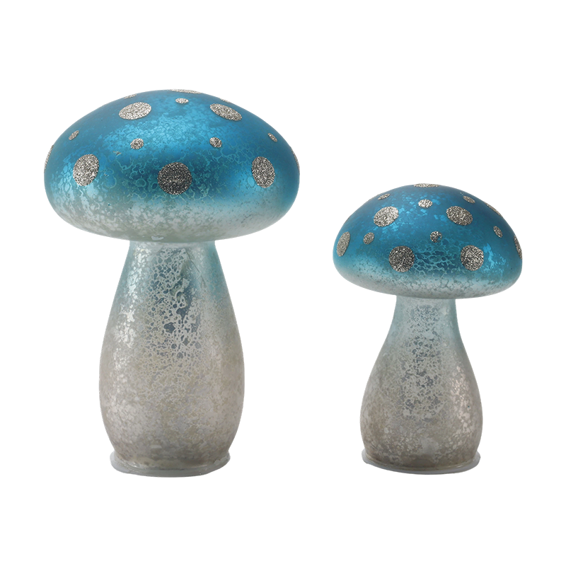 Håndlaget Gradient Blue Frosted Glass Mushroom Ornament med sølvglitterflekker med LED-dekor