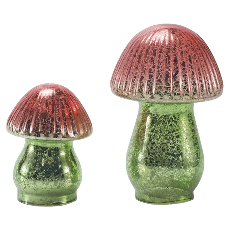 Håndlaget rød-grønn gradient ribbet kvikksølv glass sopp ornament med led dekorasjon