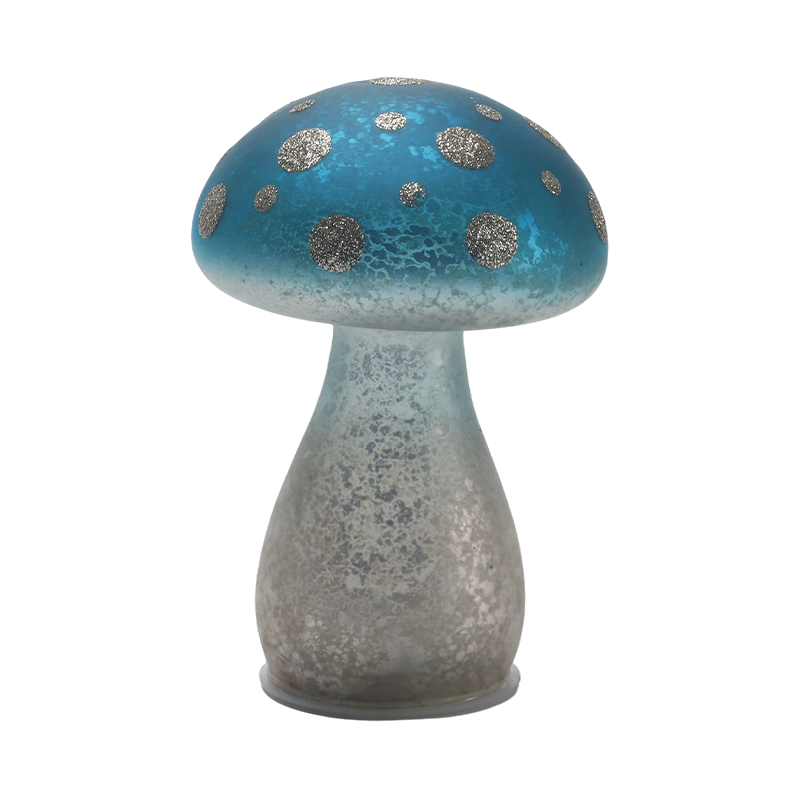 Håndlaget Gradient Blue Frosted Glass Mushroom Ornament med sølvglitterflekker med LED-dekor