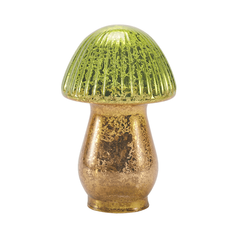 Håndlaget grønn-gull Gradient Ribbet Mercury Glass Mushroom Ornament med LED-dekor