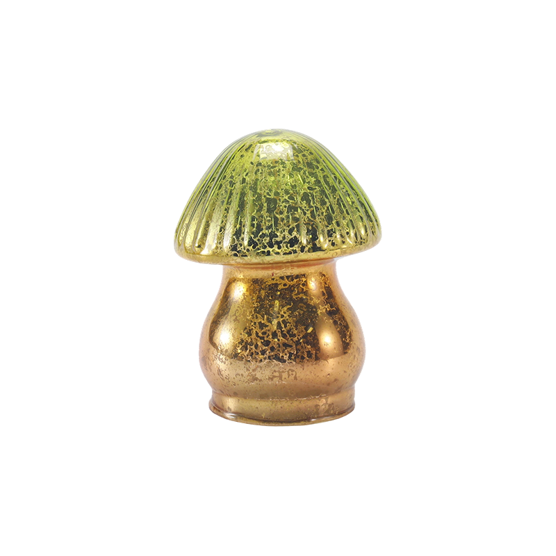Håndlaget grønn-gull Gradient Ribbet Mercury Glass Mushroom Ornament med LED-dekor