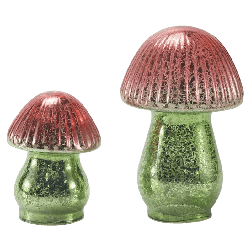 Håndlaget rød-grønn gradient ribbet kvikksølv glass sopp ornament med led dekorasjon