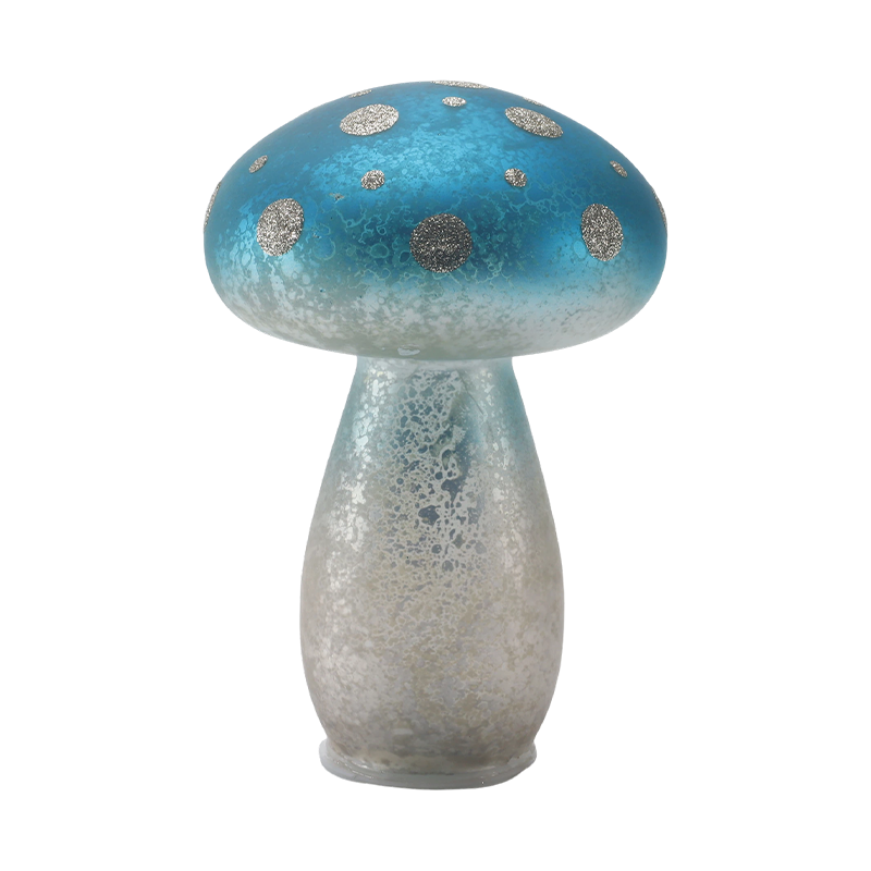 Håndlaget Gradient Blue Frosted Glass Mushroom Ornament med sølvglitterflekker med LED-dekor