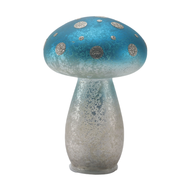 Håndlaget Gradient Blue Frosted Glass Mushroom Ornament med sølvglitterflekker med LED-dekor