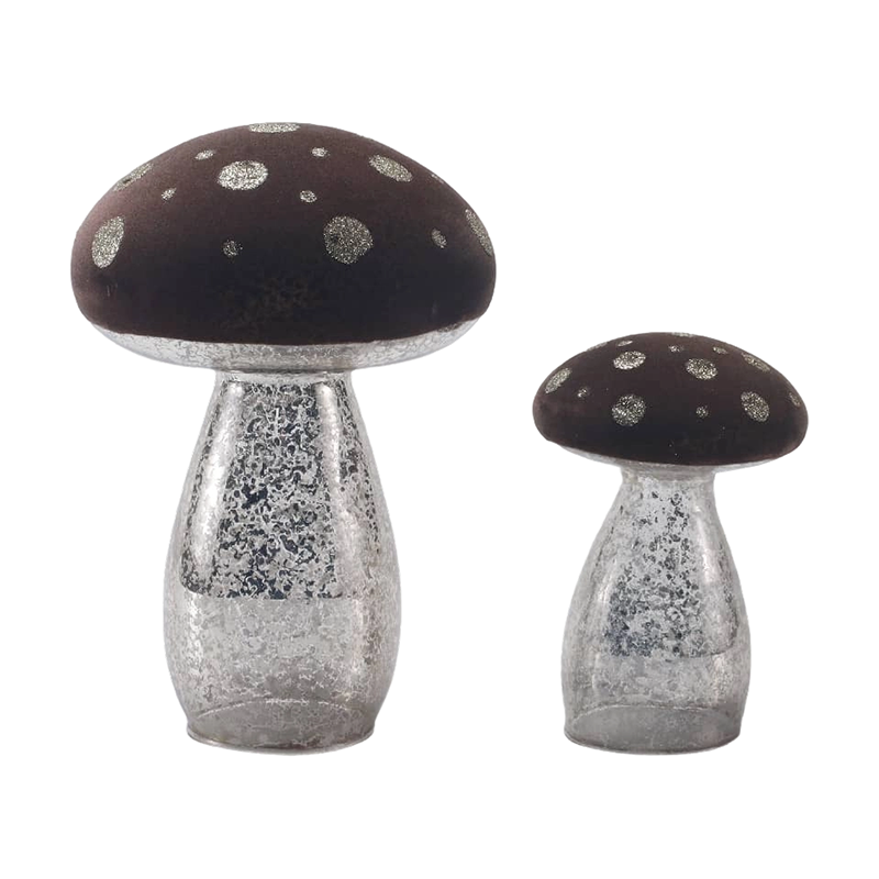 Håndlaget brunt frostet glass/fløyelstopp sopppynt med sølvglitterflekker med LED-dekor