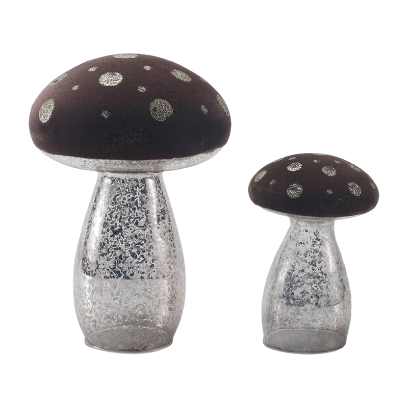 Håndlaget brunt frostet glass/fløyelstopp sopppynt med sølvglitterflekker med LED-dekor