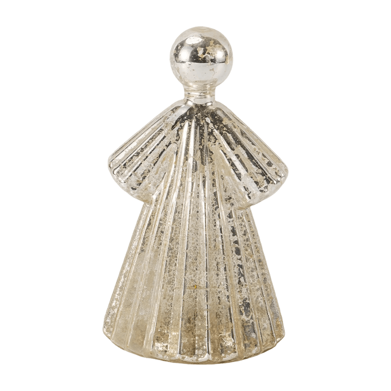 Mercury Glass Angel Figurine / Frosted / Glitter Glass Bell Decor (med LED)