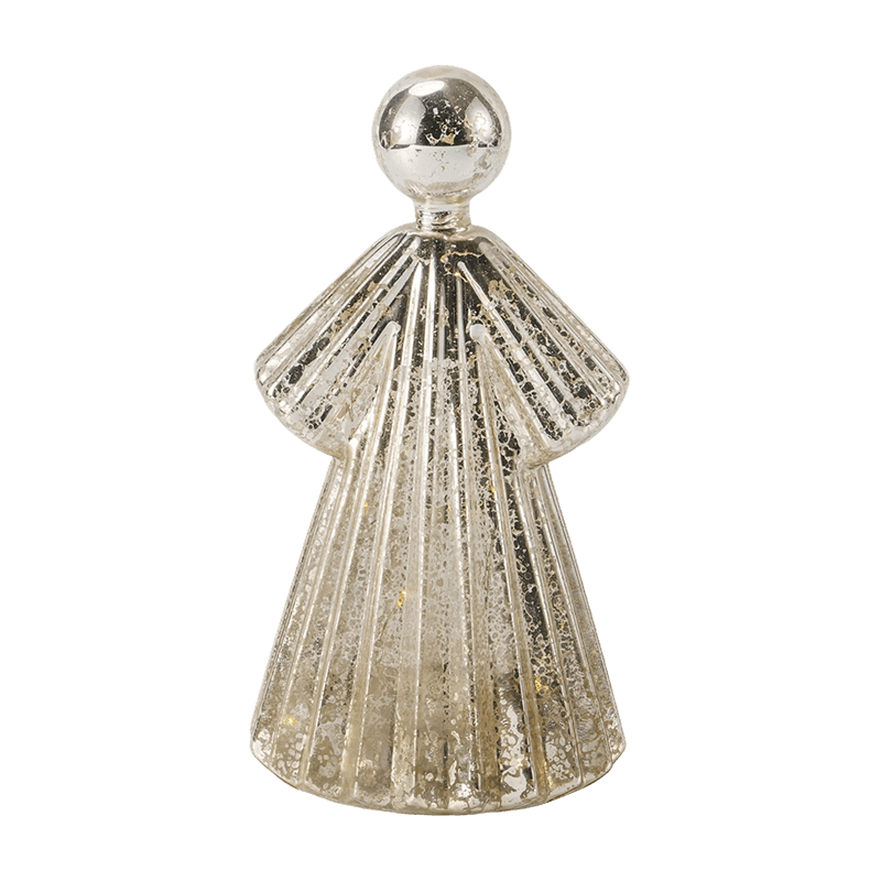 Mercury Glass Angel Figurine / Frosted / Glitter Glass Bell Decor (med LED)