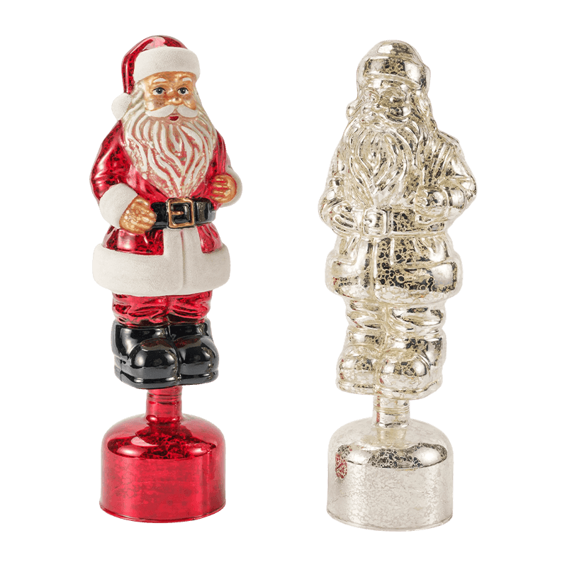 Vintage kvikksølvglass julenissefigur (rød/sølv/lysegrønn finish)