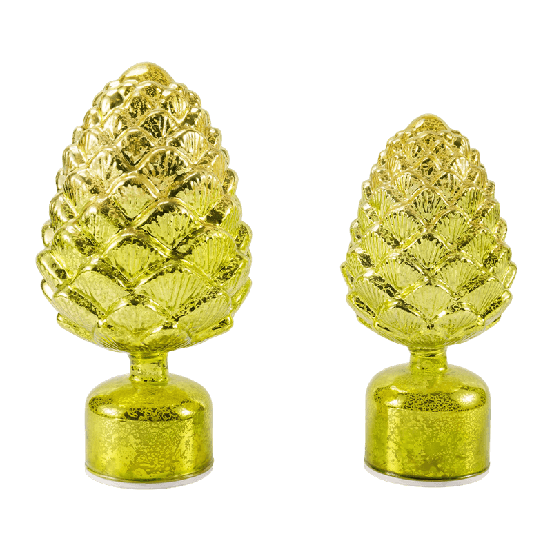 Vintage kvikksølvglass stearinlys og konglefigur (grønn/gullfinish)