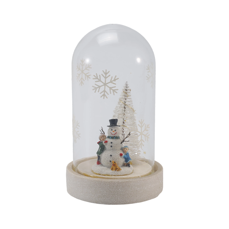 Festlig glassklokke og flaskelys (snømannscene / furubær / juletrestiler)