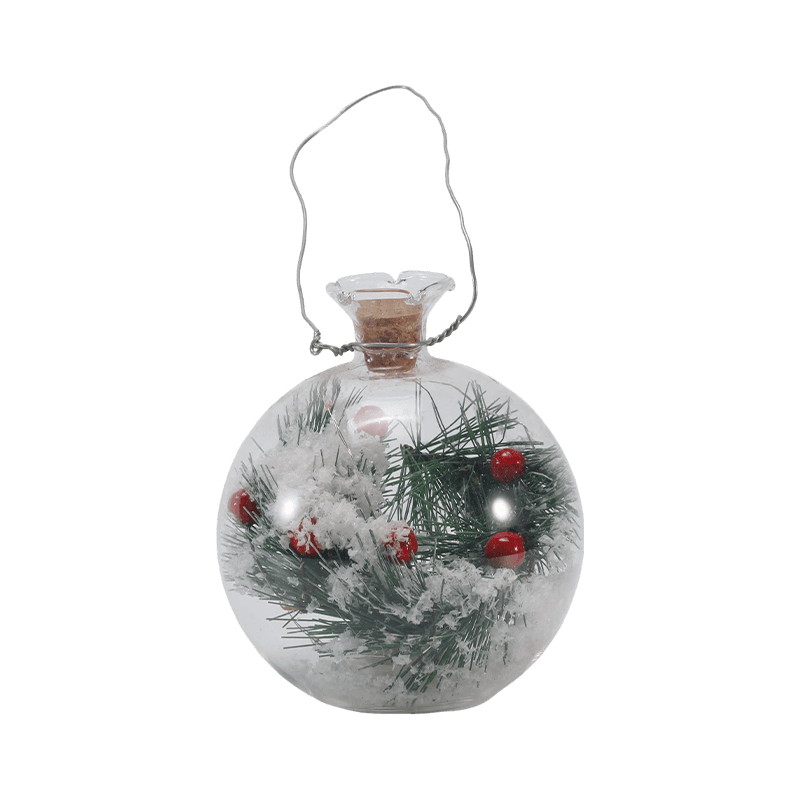 Festlig glassklokke og flaskelys (snømannscene / furubær / juletrestiler)