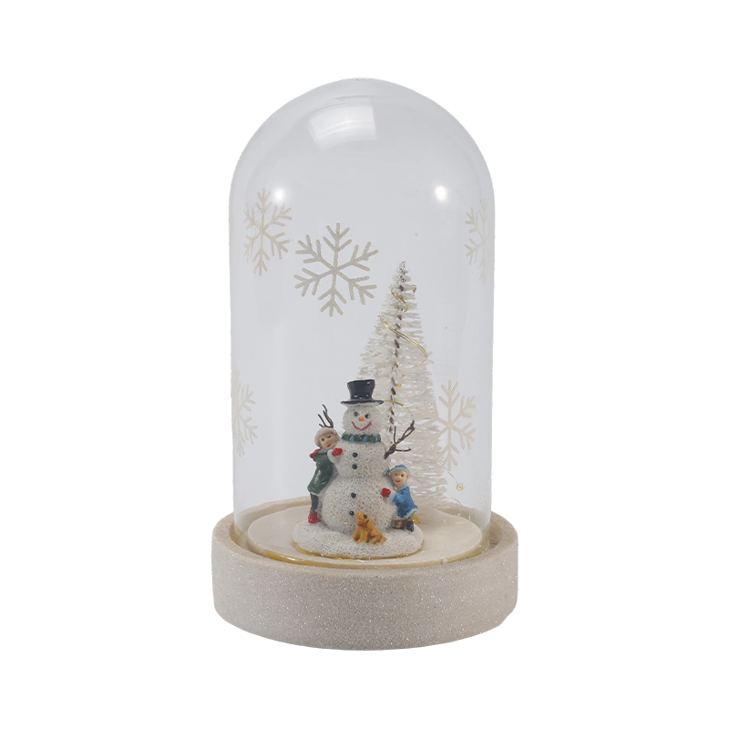 Festlig glassklokke og flaskelys (snømannscene / furubær / juletrestiler)