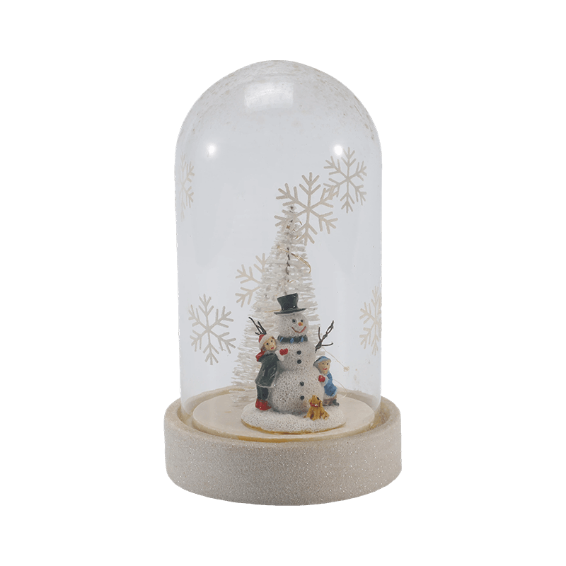 Festlig glassklokke og flaskelys (snømannscene / furubær / juletrestiler)
