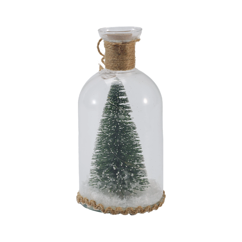 Festlig glassklokke og flaskelys (snømannscene / furubær / juletrestiler)