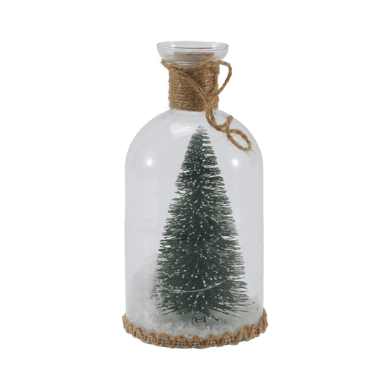 Festlig glassklokke og flaskelys (snømannscene / furubær / juletrestiler)