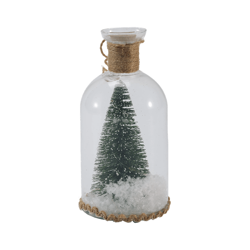 Festlig glassklokke og flaskelys (snømannscene / furubær / juletrestiler)